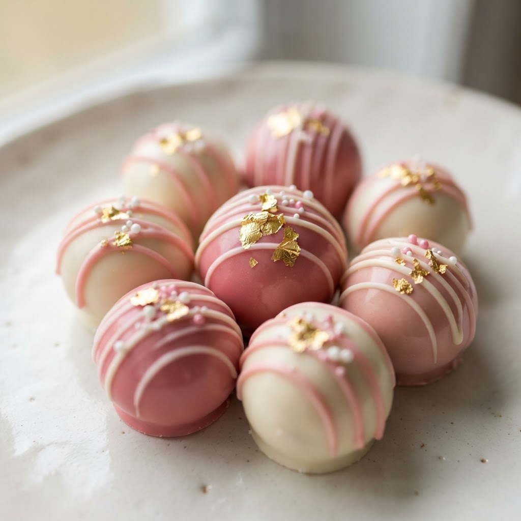 A cluster of gourmet cake balls coated in glossy pink and white chocolate with gold leaf