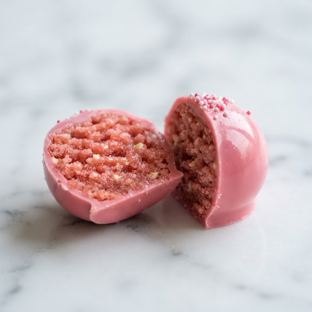 A single cake ball cut in half showing the moist cake interior and glossy chocolate shell
