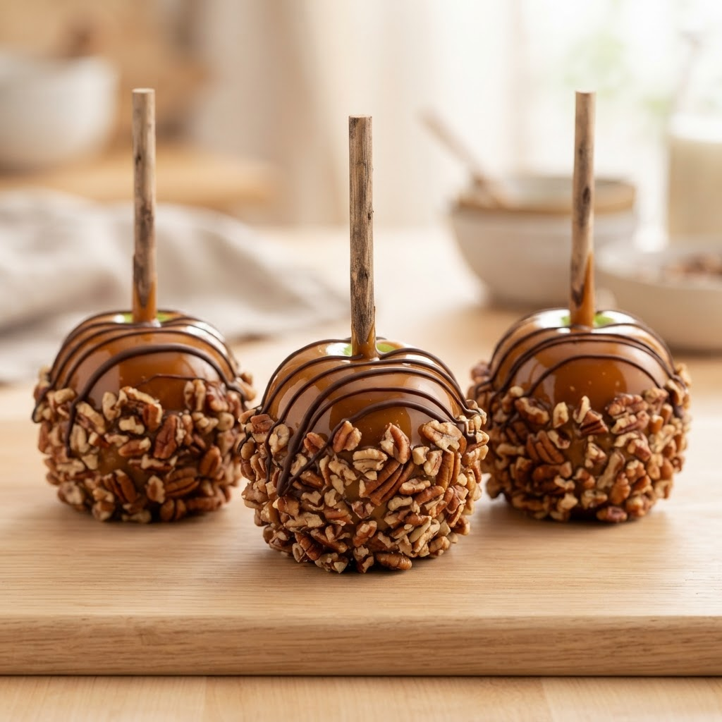 Three glossy gourmet caramel apples rolled in chopped pecans with dark chocolate drizzle