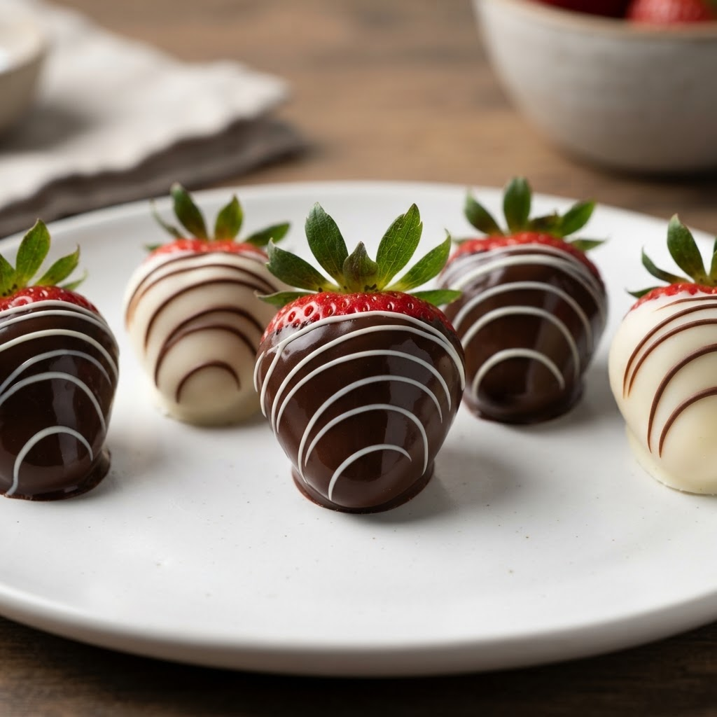 Gourmet strawberries half-dipped in dark and white chocolate with fine drizzle