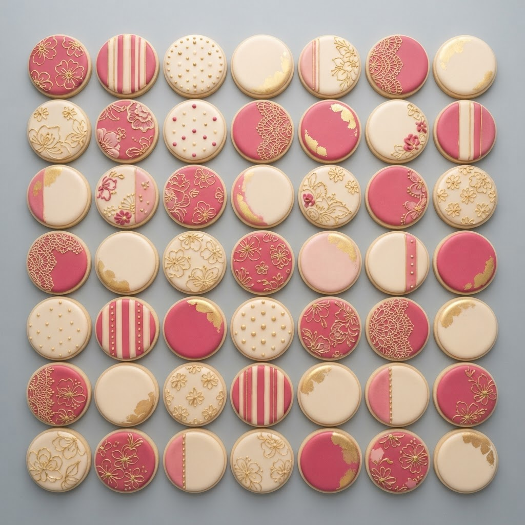 A grid of decorated sugar cookies with raspberry pink, cream, and gold royal icing