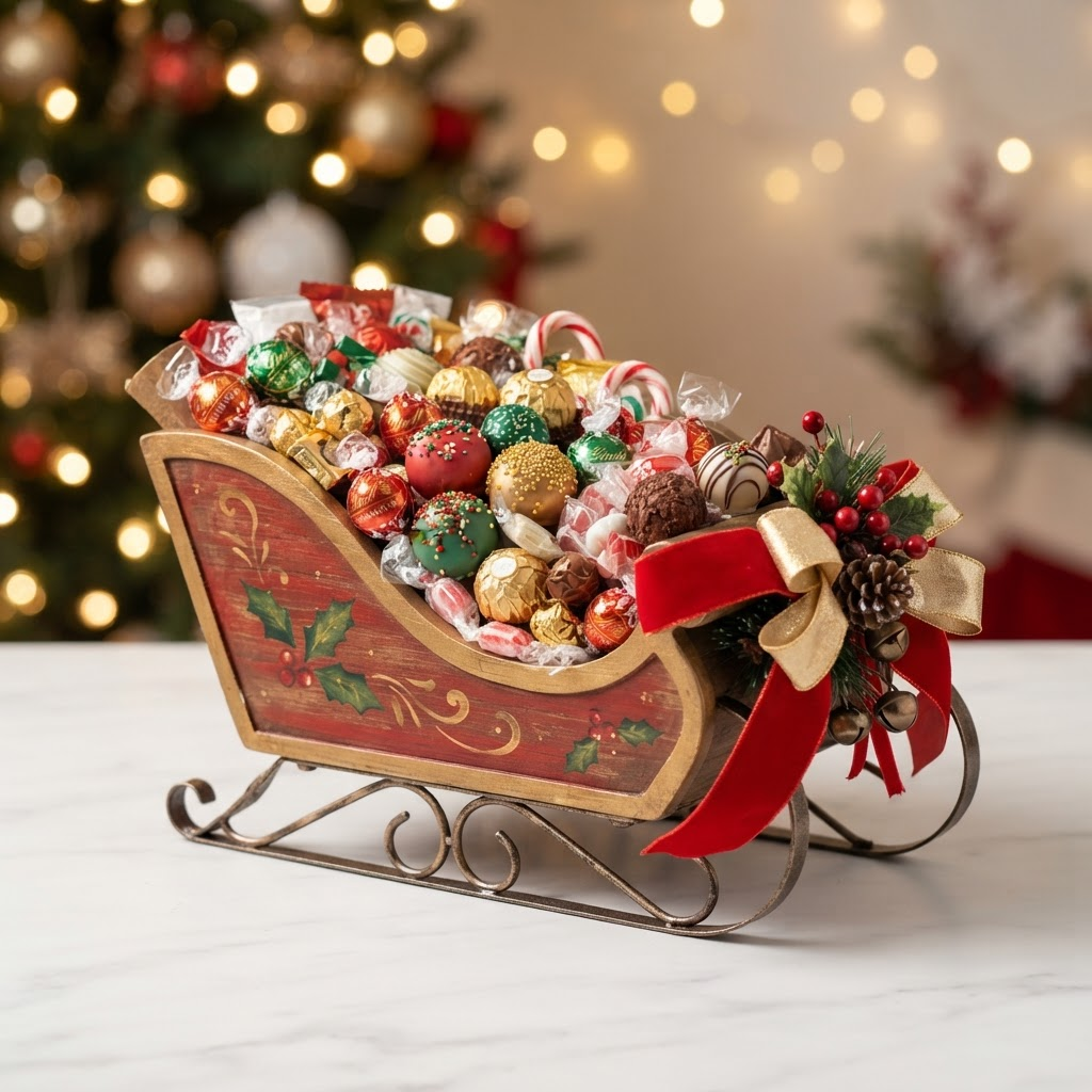 A decorative candy sleigh piled high with assorted chocolates and holiday treats, finished with red and gold ribbon